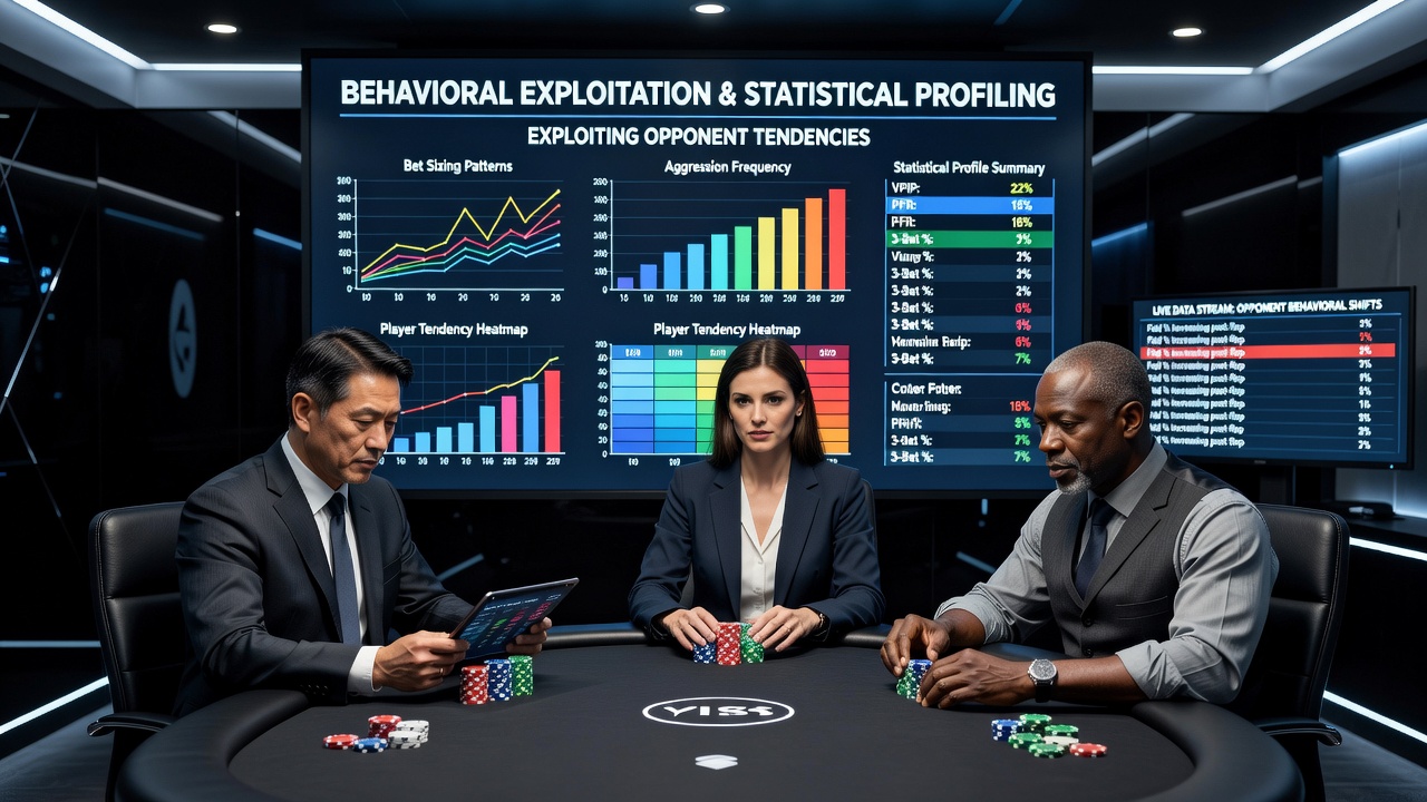 Close-up of poker software interface displaying opponent statistics and behavioral heat maps
