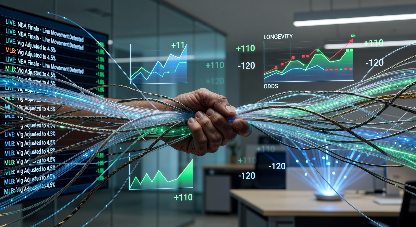 Close-up of a sportsbook odds board displaying American moneyline prices with implied vigorish highlighted in red
