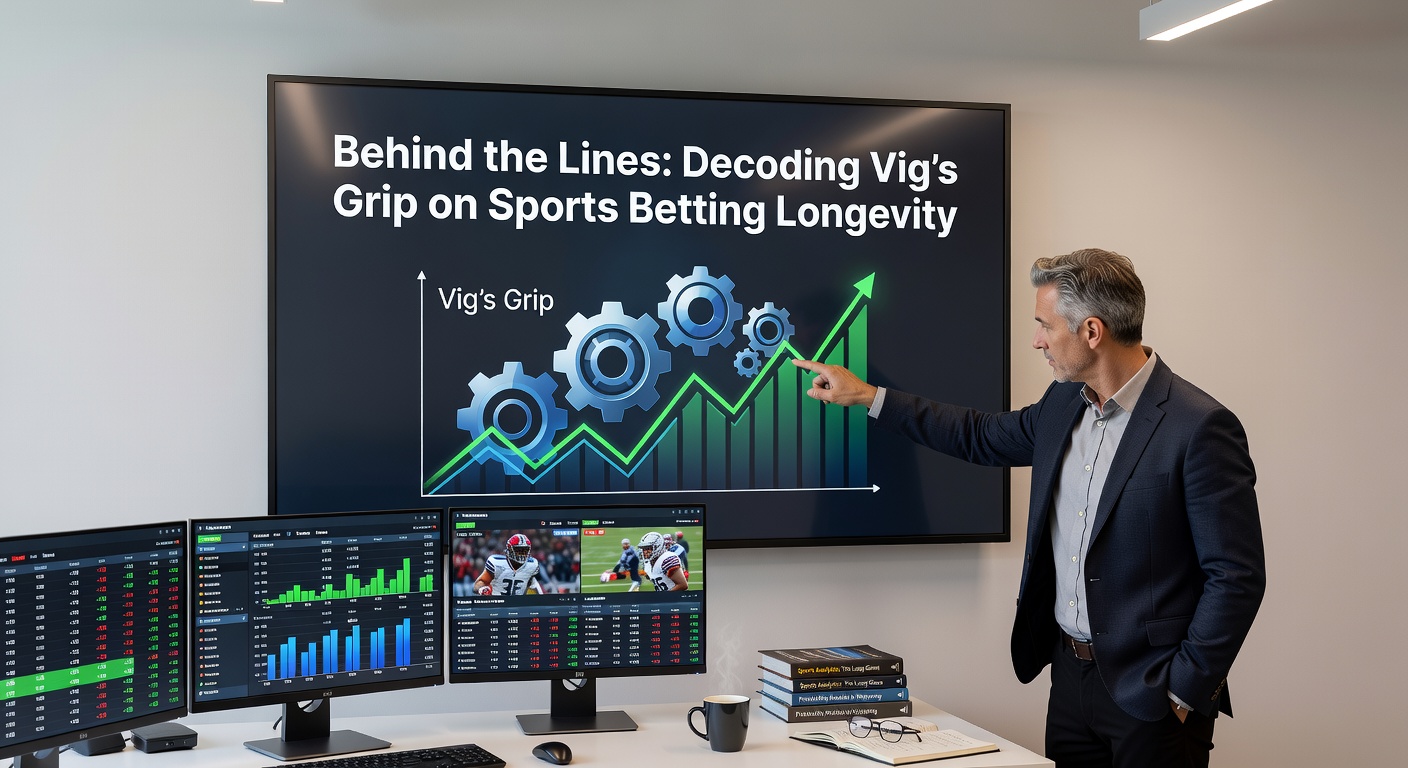 Infographic breaking down vig calculation on a basketball over/under bet, with pie charts showing bookmaker hold versus bettor payouts