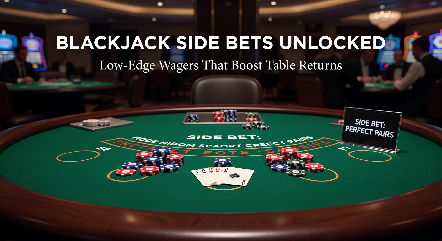 Vibrant casino blackjack table with side bet options illuminated, chips stacked high amid the action