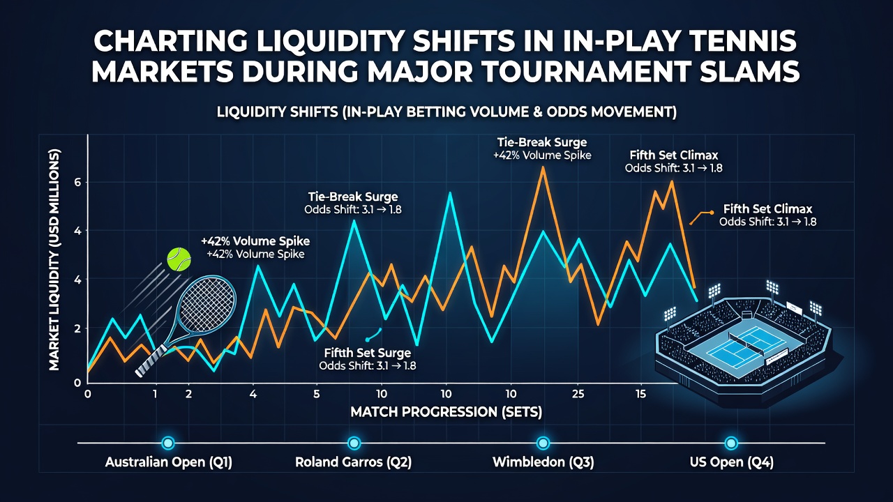 Tennis court with betting market data overlays showing liquidity patterns during a Grand Slam match