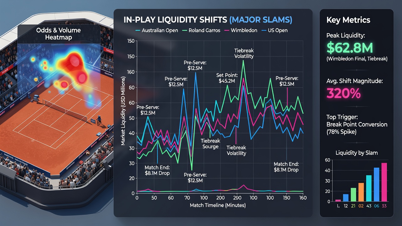 Graph illustrating liquidity volume changes across multiple tennis matches during a Grand Slam tournament