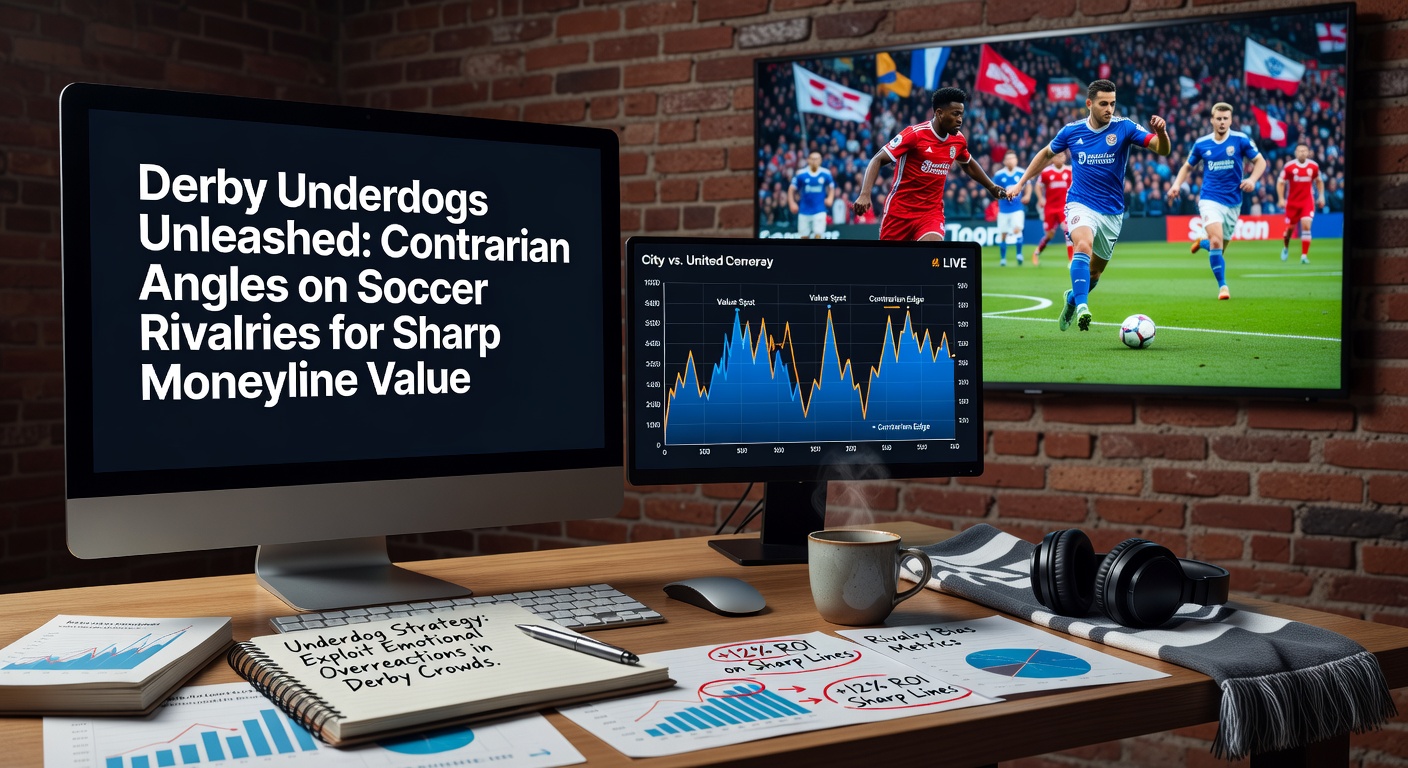 Underdog team lifting trophy after derby victory, rivals stunned in background