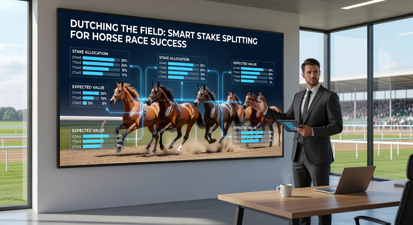 Vibrant horse racing scene at a sunlit track, with a pack of thoroughbreds charging toward the finish line amid cheering crowds