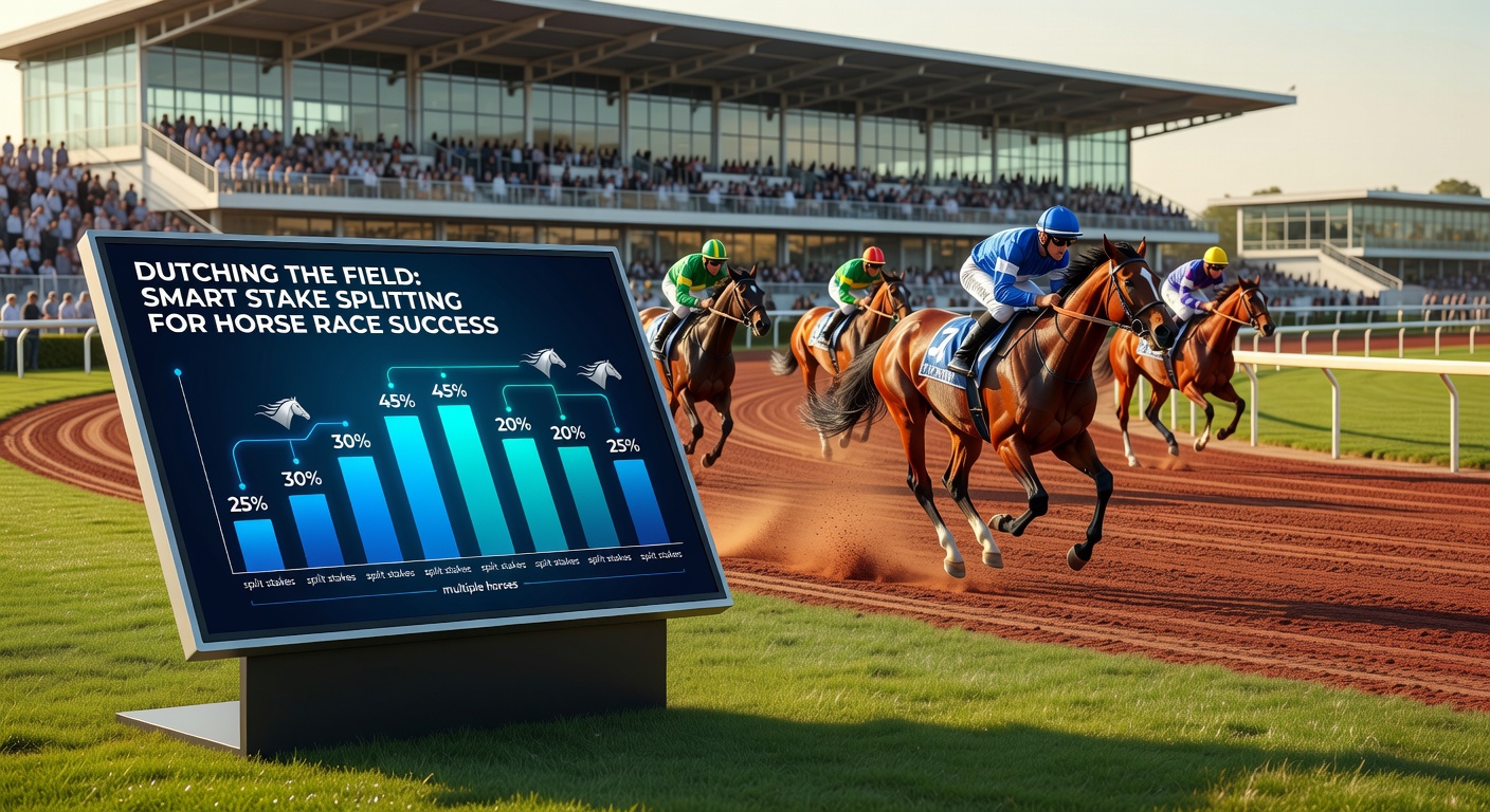 Close-up diagram illustrating stake distribution across three horses with odds, showing proportional bets and equalized returns