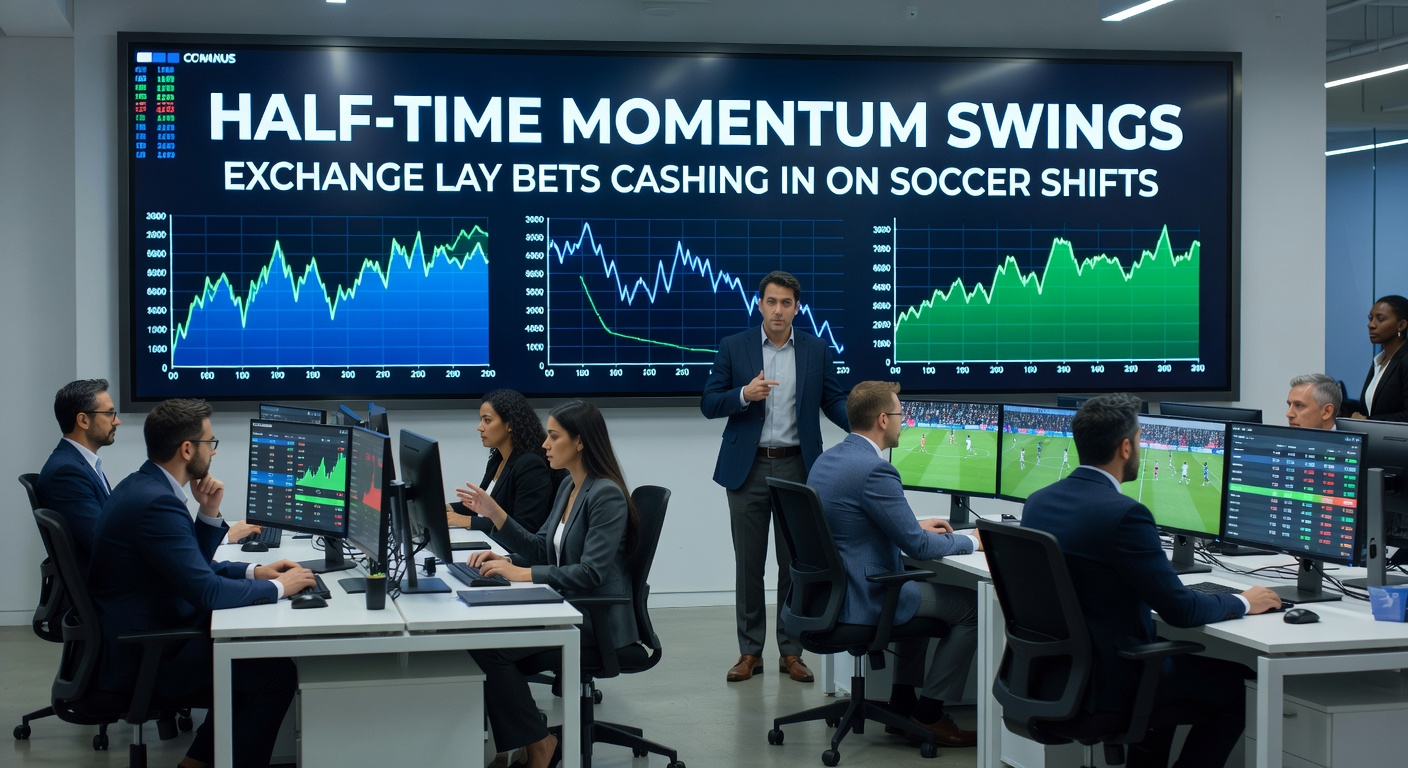 A dynamic soccer match at half-time with players strategizing and crowd energy building, illustrating momentum shifts
