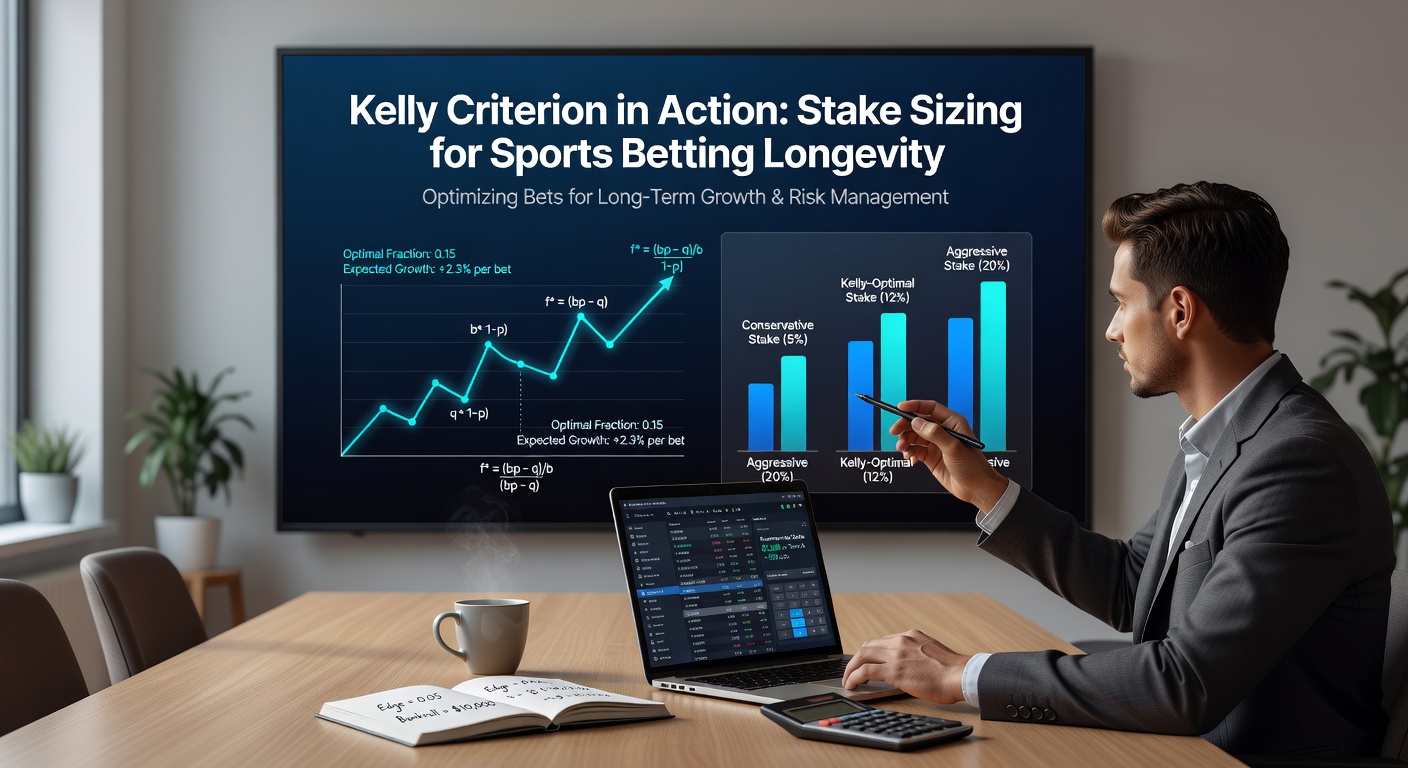Graph illustrating Kelly Criterion growth curves for bankroll over multiple bets, showing optimal fraction versus aggressive sizing