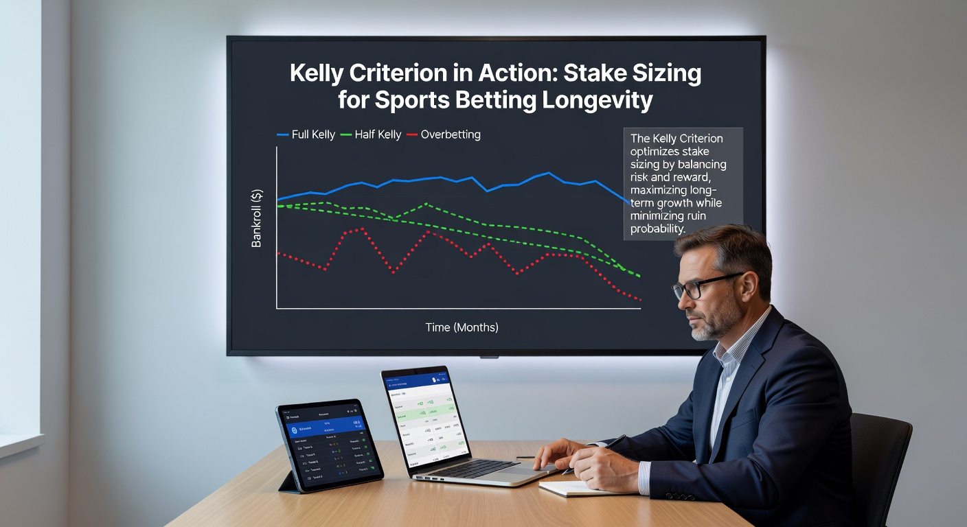 Close-up of a bettor's spreadsheet calculating Kelly fractions for multiple sports bets, with bankroll projections curving upward over time
