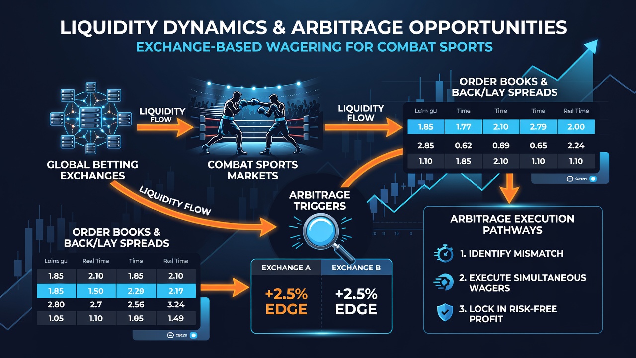 Arbitrage calculation dashboard displaying matched stakes across combat sports exchanges with profit margins highlighted