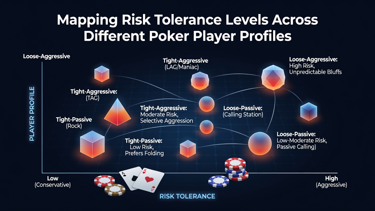 Diagram showing risk tolerance levels mapped to various poker player archetypes including tight aggressive and loose passive styles