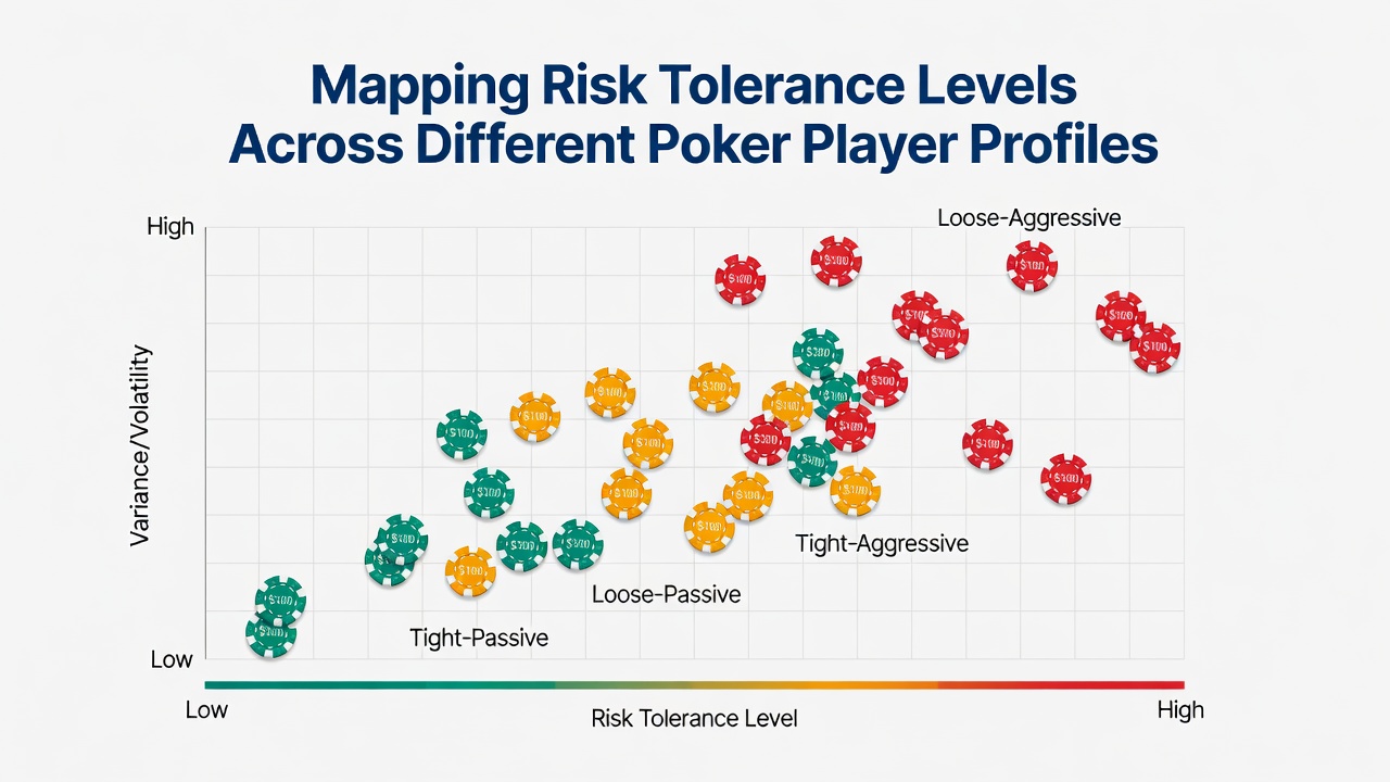 Chart illustrating risk tolerance gradients and strategic adjustments across poker player types during different game stages