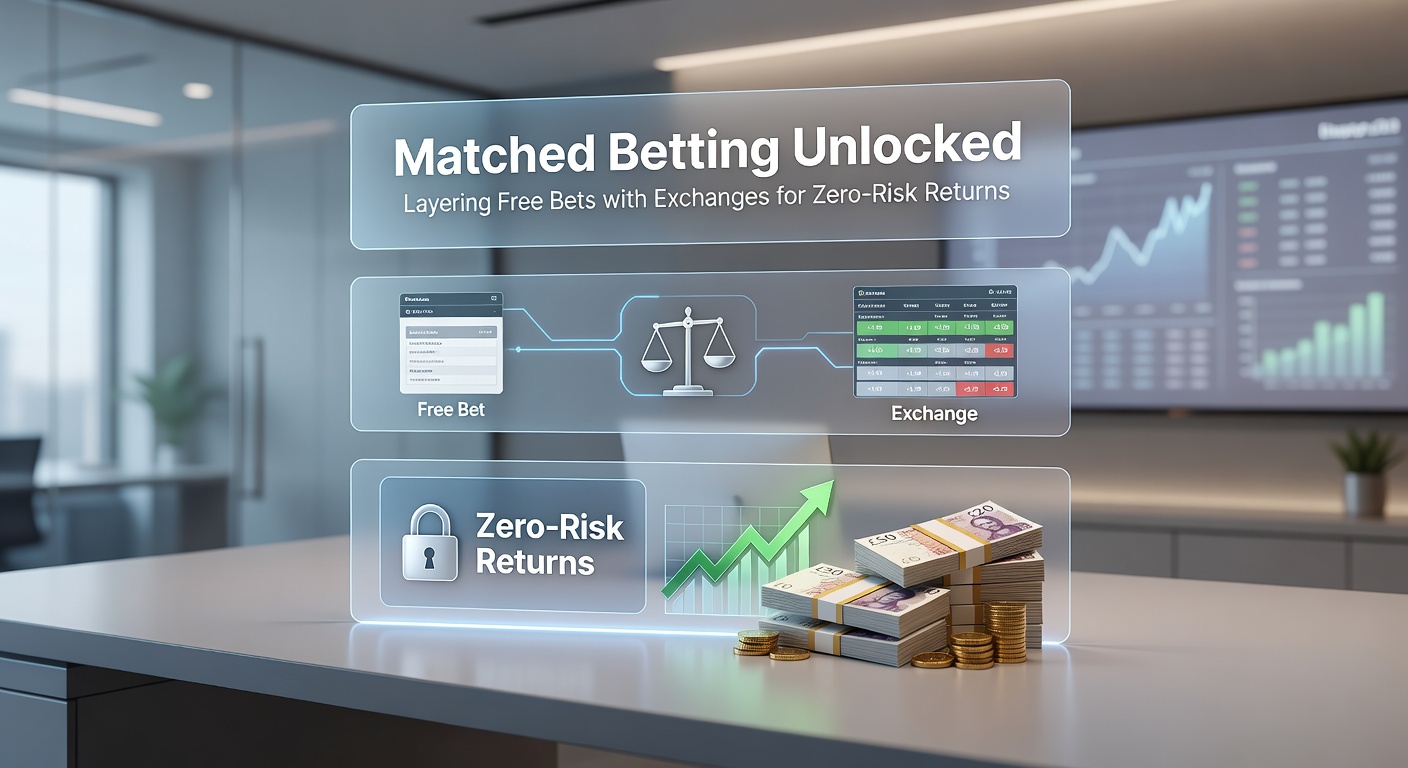 Illustration of matched betting process showing a bookmaker offer paired with a betting exchange lay bet for risk-free profit