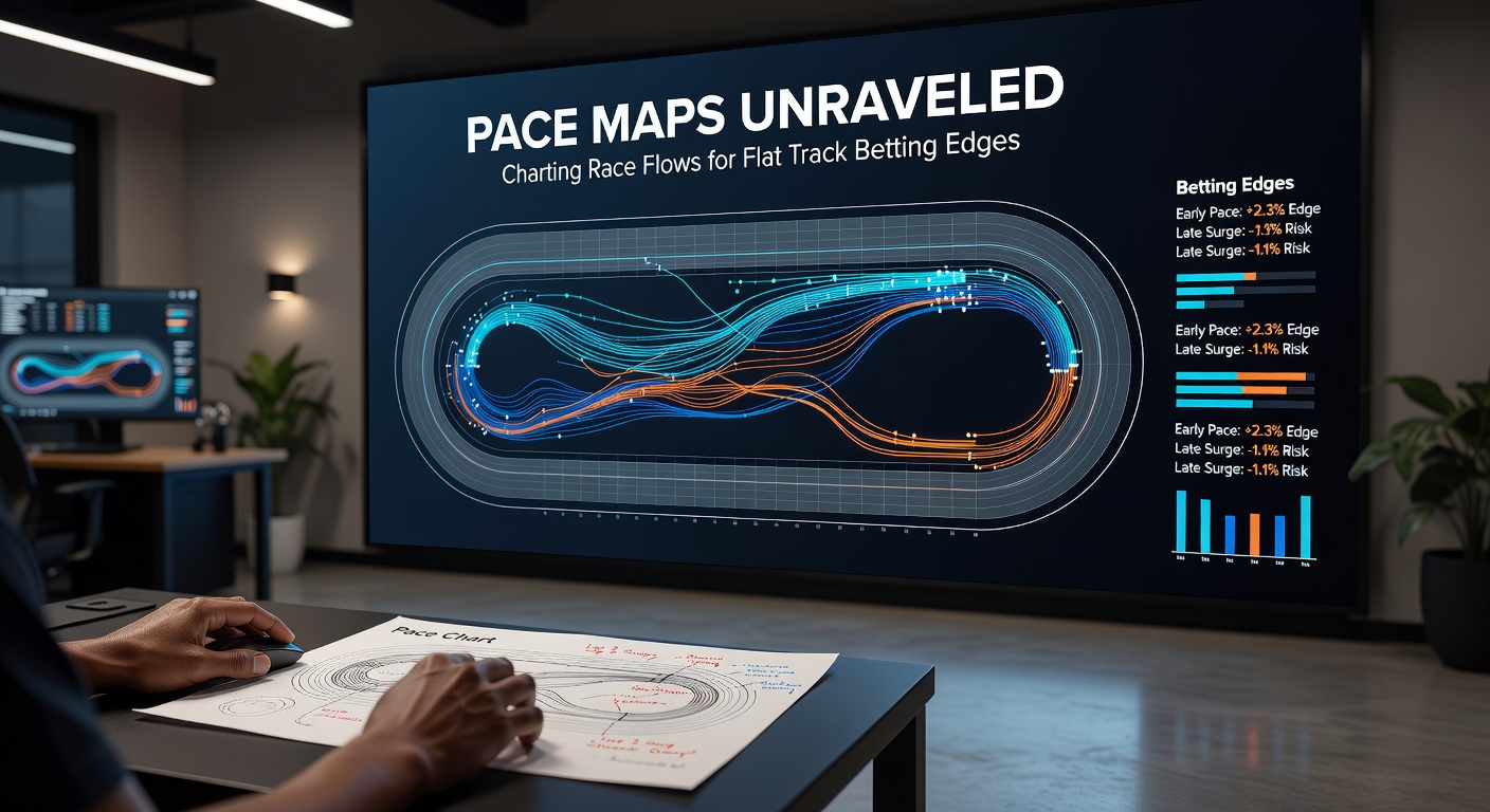 Colorful pace map overlay on a flat track race diagram showing front-runners, stalkers, and closers positioned strategically
