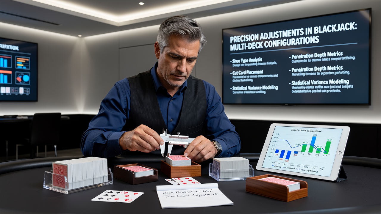 Close-up of blackjack chips and cards illustrating bet sizing adjustments in multi-deck games