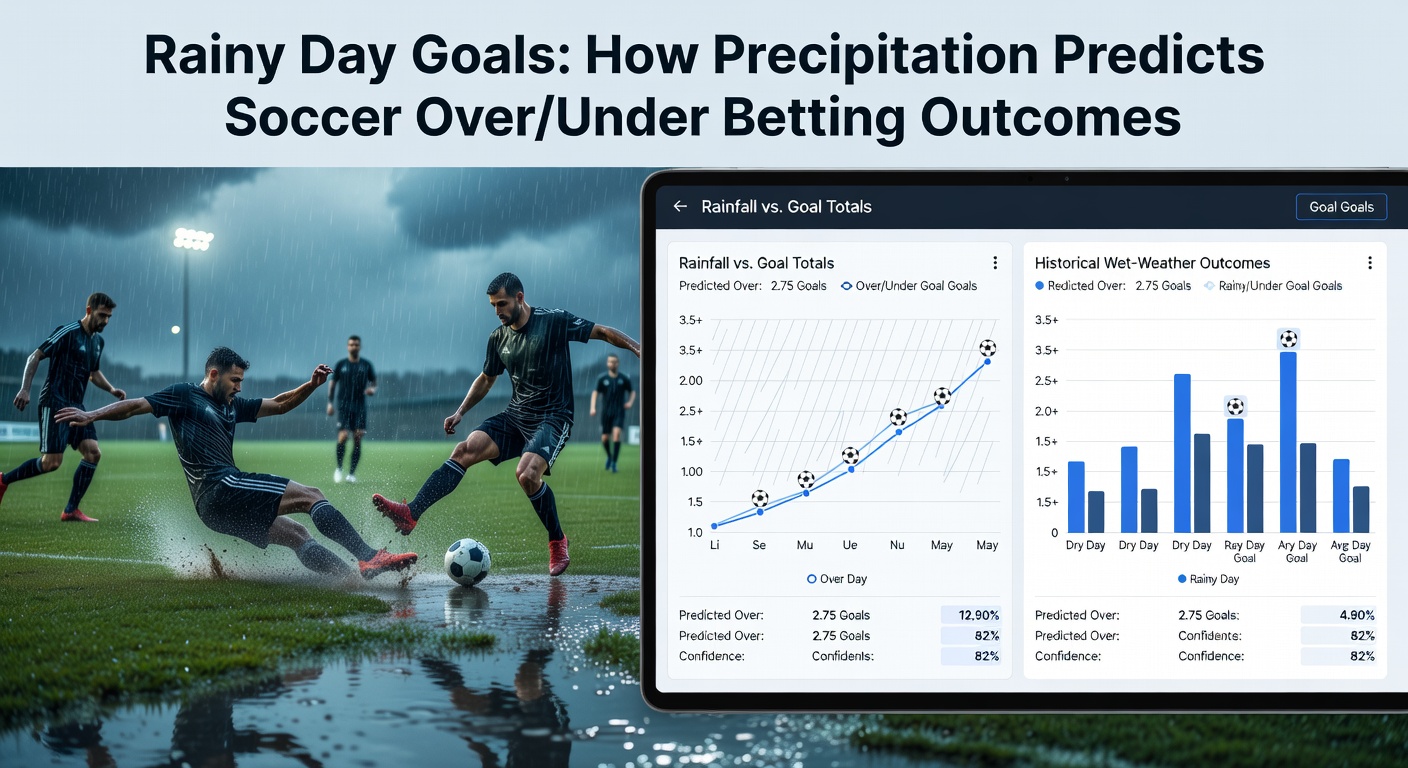 Soccer players battling through heavy rain on a waterlogged pitch, highlighting slippery conditions that influence goal tallies