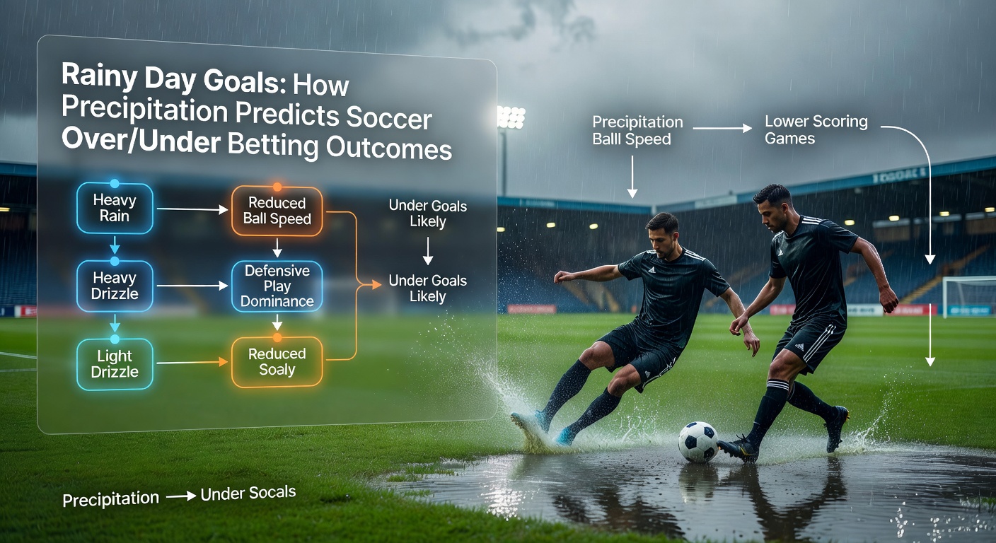 Graph overlay on a rainy soccer stadium, showing declining goal averages correlated with increasing rainfall amounts