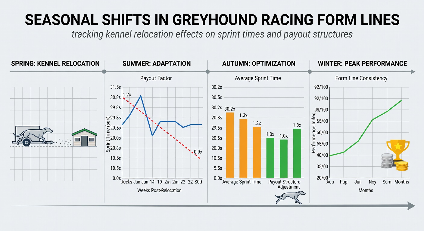 Greyhound racing track during seasonal transition with kennel facilities in view