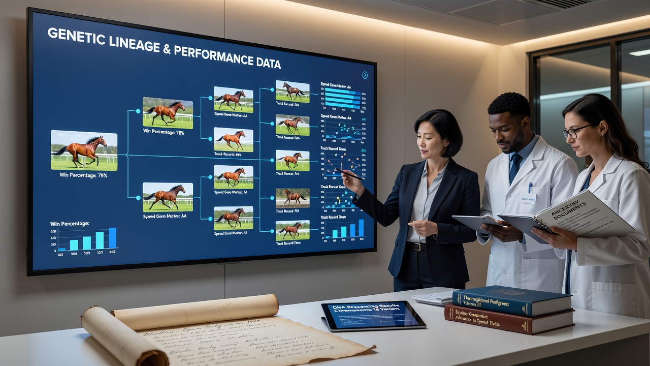 Veterinarian reviewing DNA sequence data overlaid on a historical stud book entry for a champion racehorse