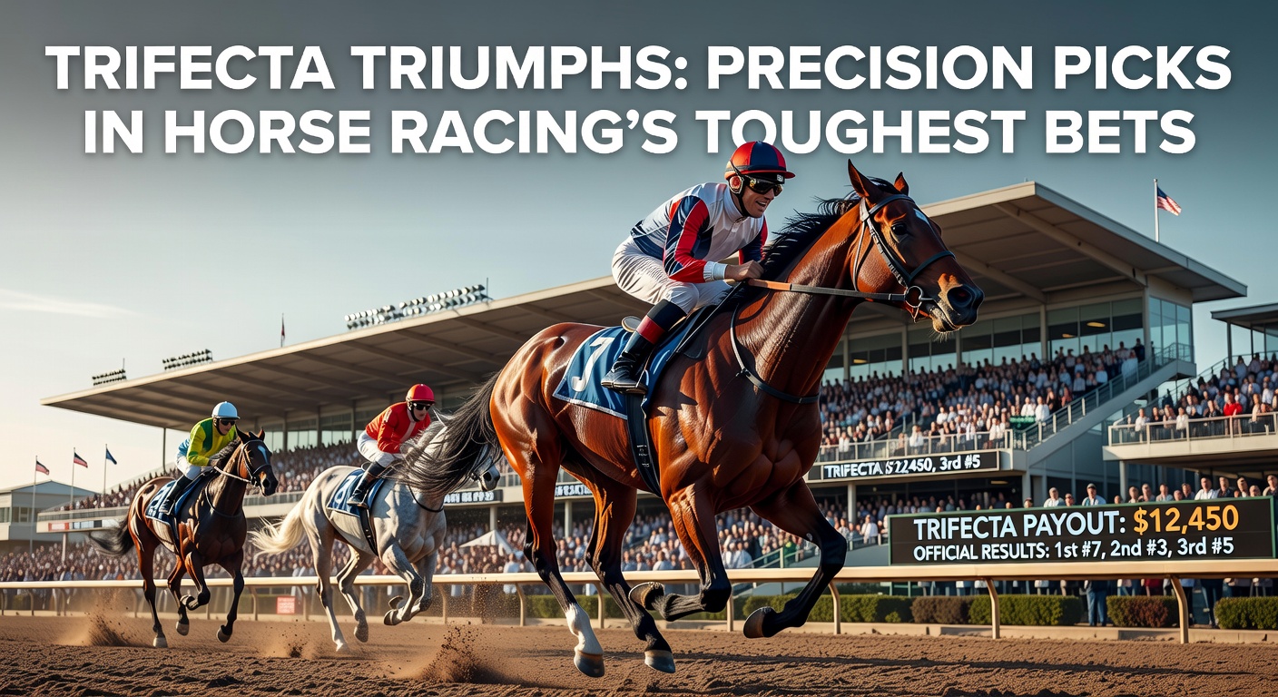 Vibrant scene of thoroughbred horses crossing the finish line in a close trifecta race, with jockeys urging them on amid cheering crowds