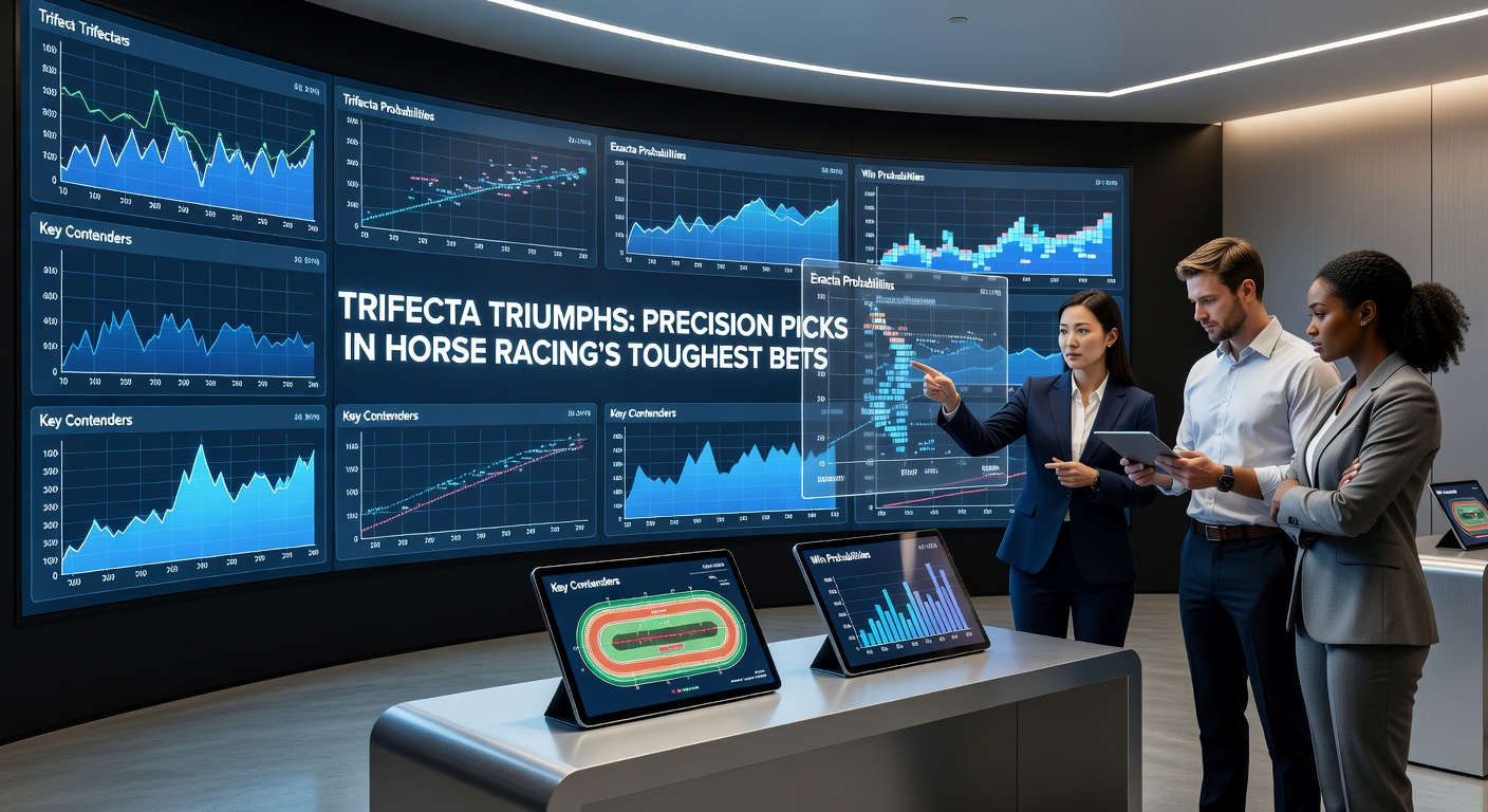 Close-up of a betting slip showing a successful trifecta payout, with horses' numbers highlighted and odds displayed on a tote board