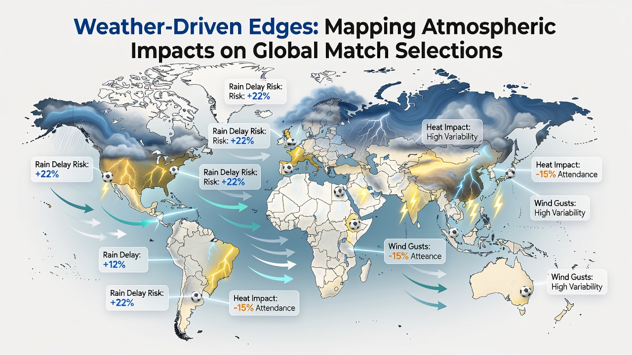 Satellite view of global weather patterns overlaid on major sports stadiums showing atmospheric influences on match conditions