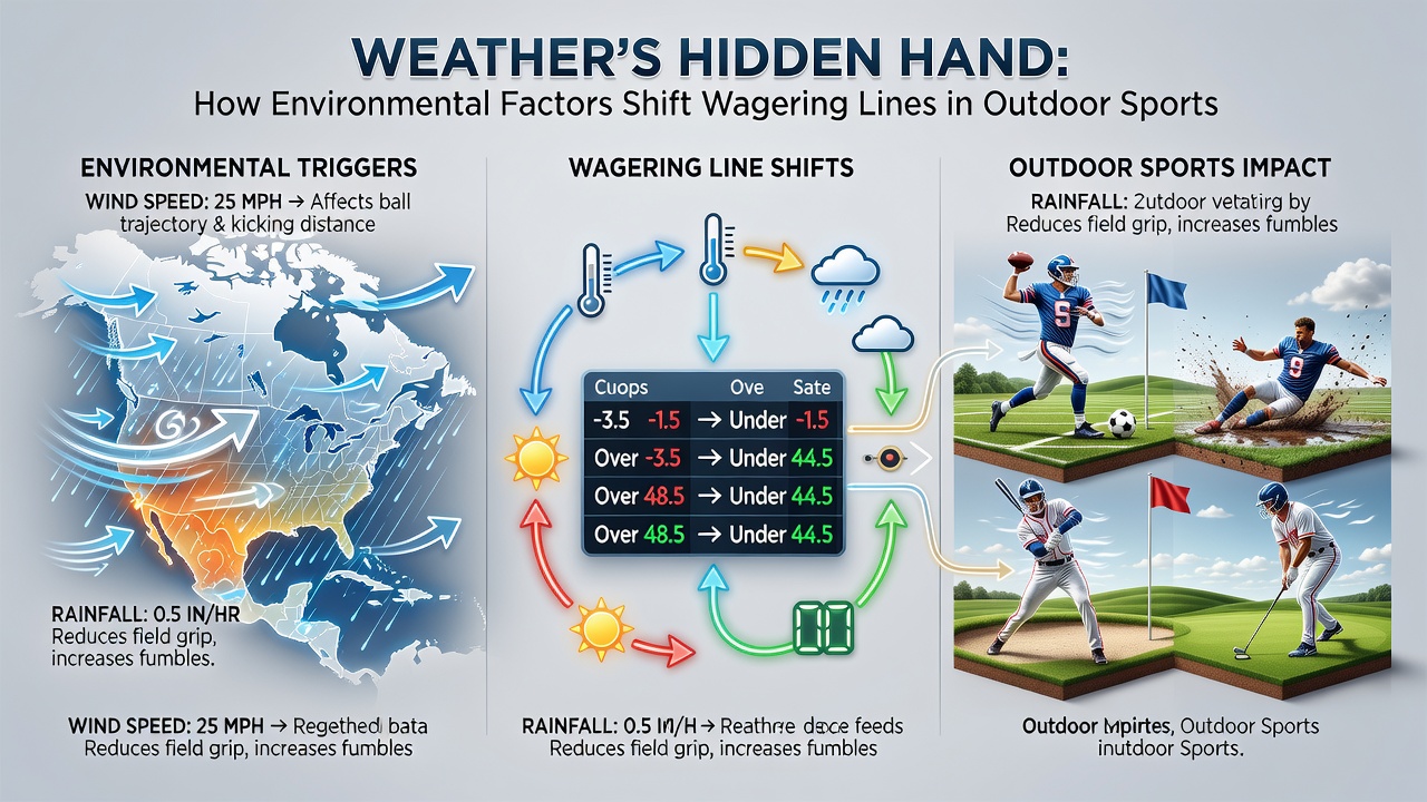 Bookmakers reviewing weather forecasts and adjusting sports betting lines on outdoor events